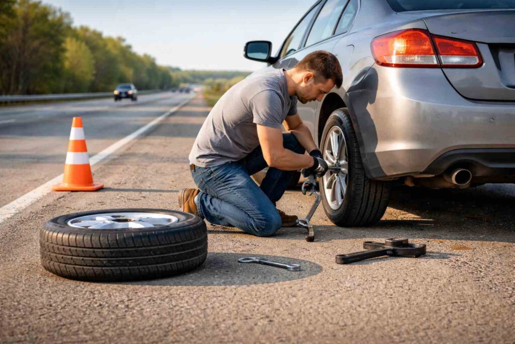 How to change a tire safely on the roadside using a jack and spare tire