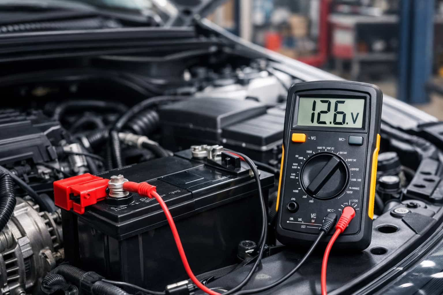 car battery voltage showing 12.6 volts on digital multimeter