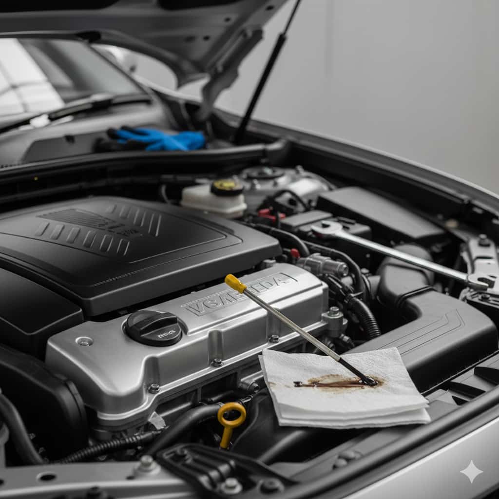 Car engine with oil dipstick and paper towel showing tools used to check engine oil
