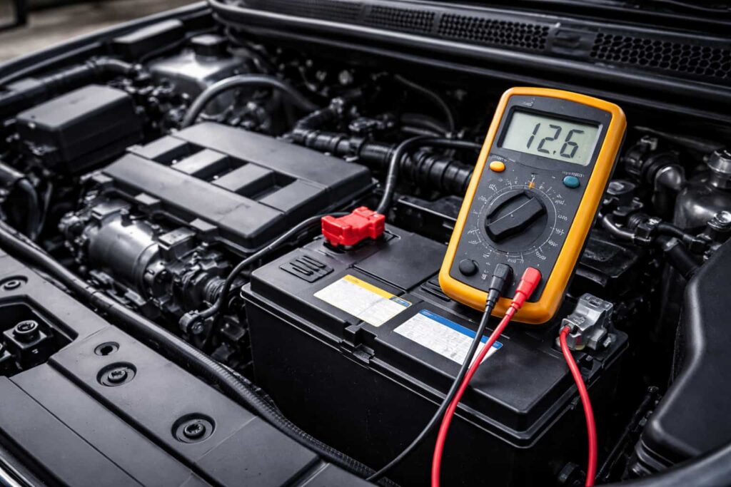 Car voltage showing normal car battery voltage measured with multimeter