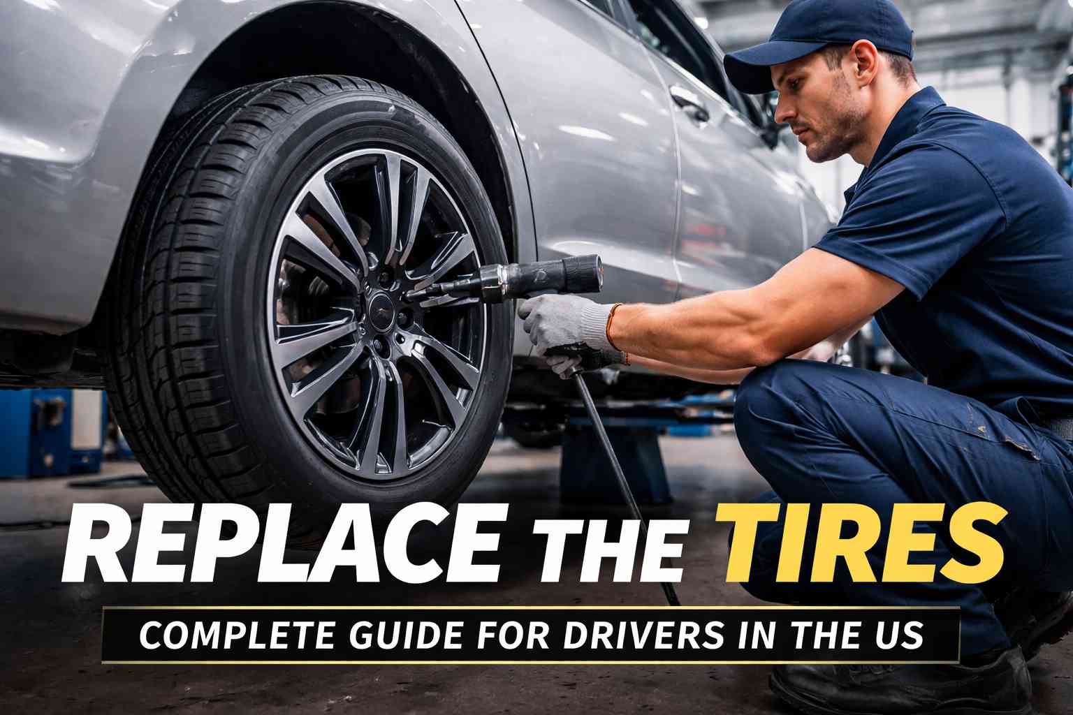 Mechanic replacing a Mechanic in a US garage performing tasks to replace the tires on a car safelycar tire safely with tools in a garage